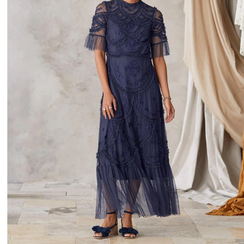 Sundance Shantel Dress Navy Blue Flutter Sleeve Gown for Weddings